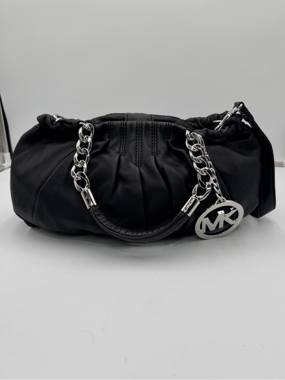 Michael Kors Black Leather Gathered Satchel Shoulder Bag Silver Chain Purse